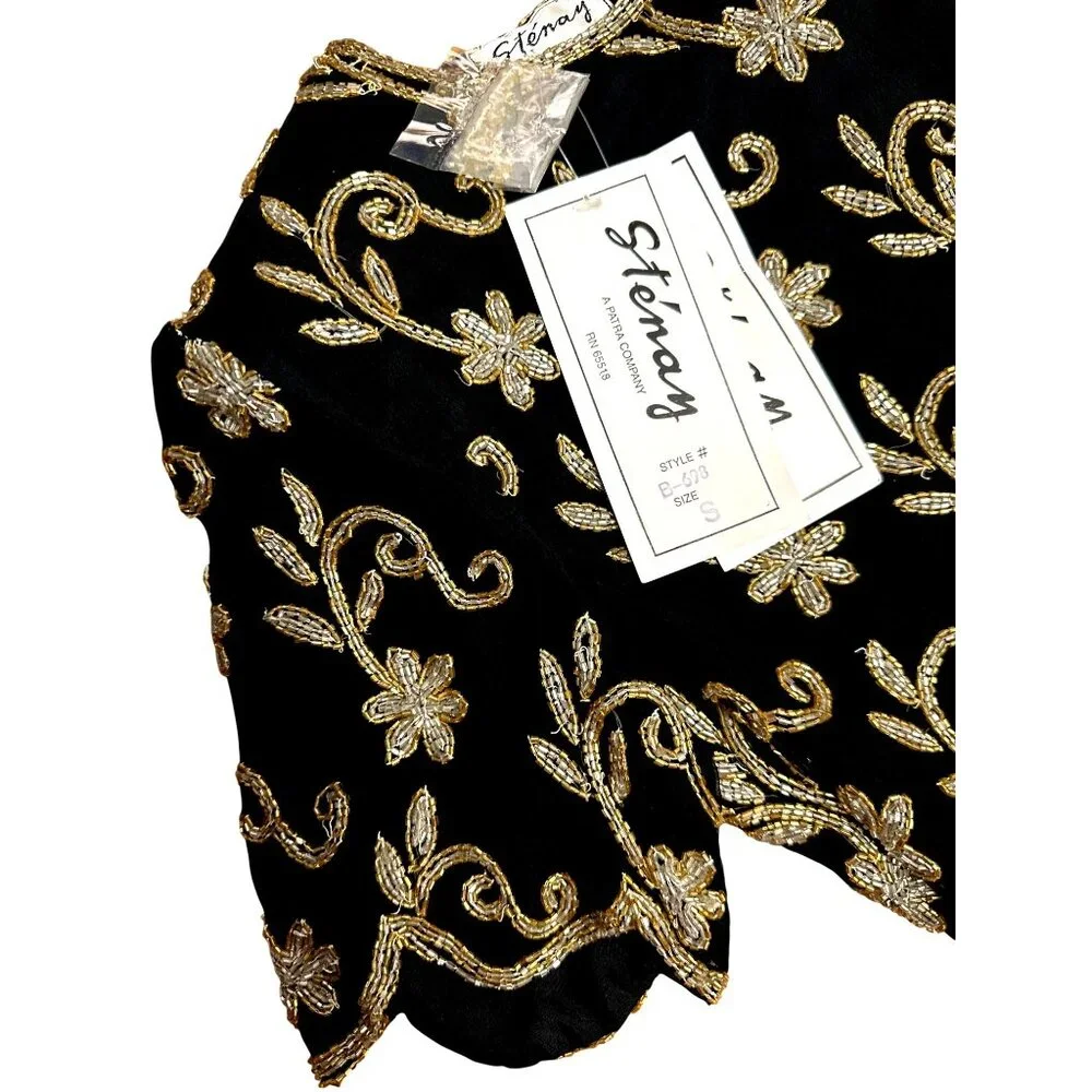 Stenay Small Black Gold All Silk Beaded Sequin Floral Blouse Vintage Evening Top - Picture 11 of 13